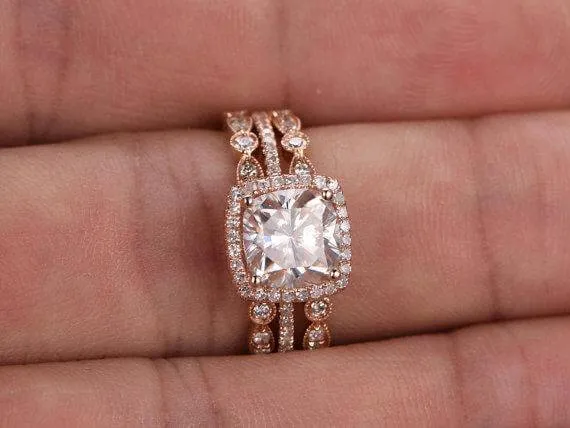 Classic Halo 2 Carat Cushion Moissanite Diamond Engagement Trio Wedding Set in 10k Rose Gold