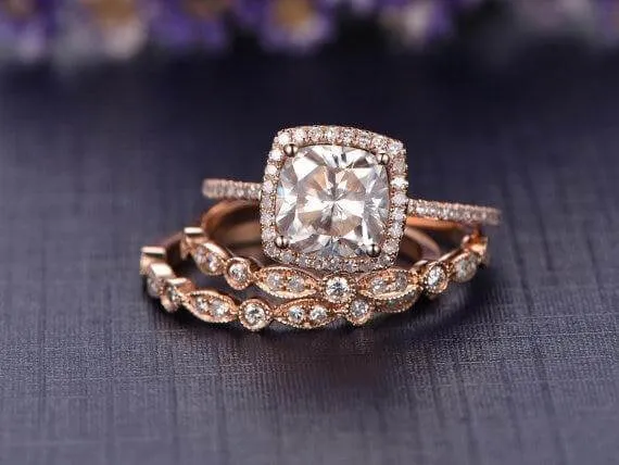 Classic Halo 2 Carat Cushion Moissanite Diamond Engagement Trio Wedding Set in 10k Rose Gold