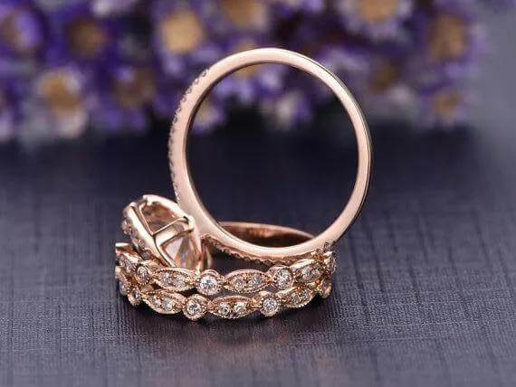 Classic Halo 2 Carat Cushion Moissanite Diamond Engagement Trio Wedding Set in 10k Rose Gold