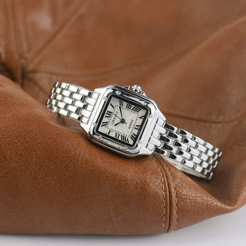 Classic luxury: luxury fashion ladies' watch square brand ladies' quartz watch silver steel bracelet