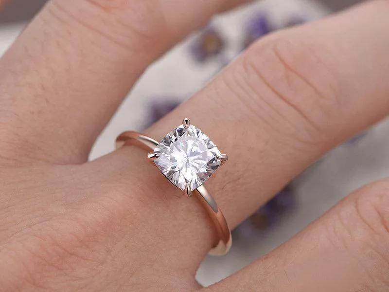 Classic Solitaire 1 Carat Cushion Cut Diamond Moissanite Engagement Ring With 18k Gold Plating