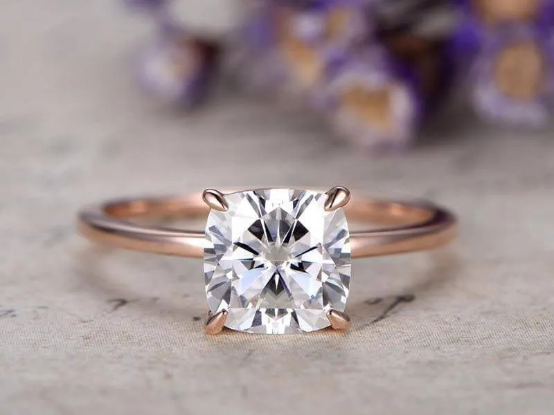 Classic Solitaire 1 Carat Cushion Cut Diamond Moissanite Engagement Ring With 18k Gold Plating