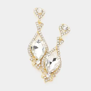 Clear Crystal Rhinestone and Teardrop Pageant Earrings on Gold | Prom Earrings |  193063