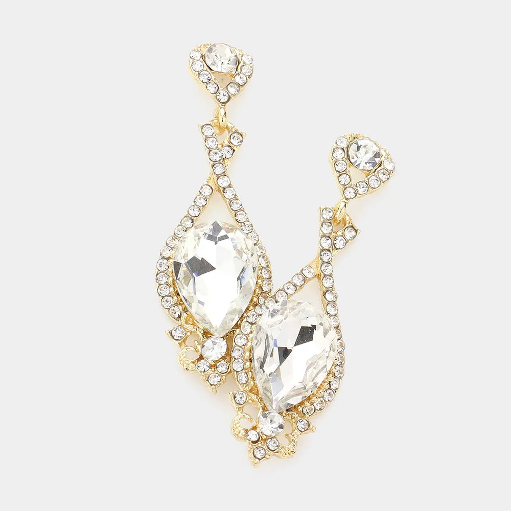 Clear Crystal Rhinestone and Teardrop Pageant Earrings on Gold | Prom Earrings |  193063