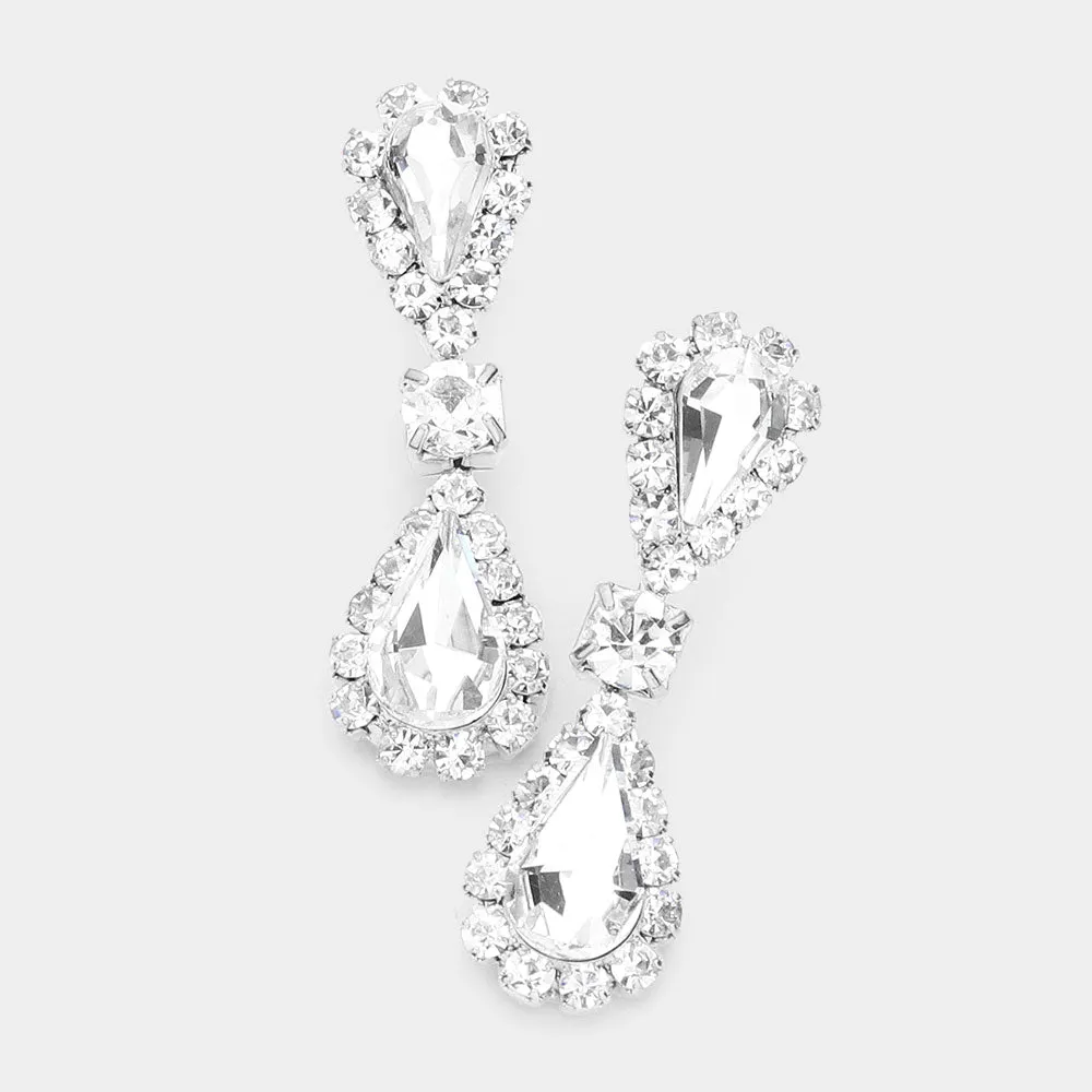 Clear Double Teardrop Rhinestone Accented Small Pageant Earrings | Little Girl Earrings |  512673