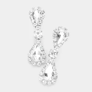 Clear Double Teardrop Rhinestone Accented Small Pageant Earrings | Little Girl Earrings |  512673