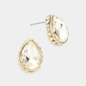 Clear on Gold Rhinestone Trimmed Teardrop Stone Pageant Stud Earrings on Gold | Interview Earrings | 577763
