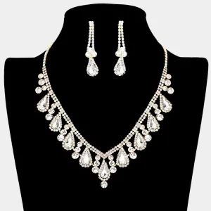 Clear Teardrop and Rhinestone Necklace with Clip On Earrings on Gold| Prom Jewelry |  615245