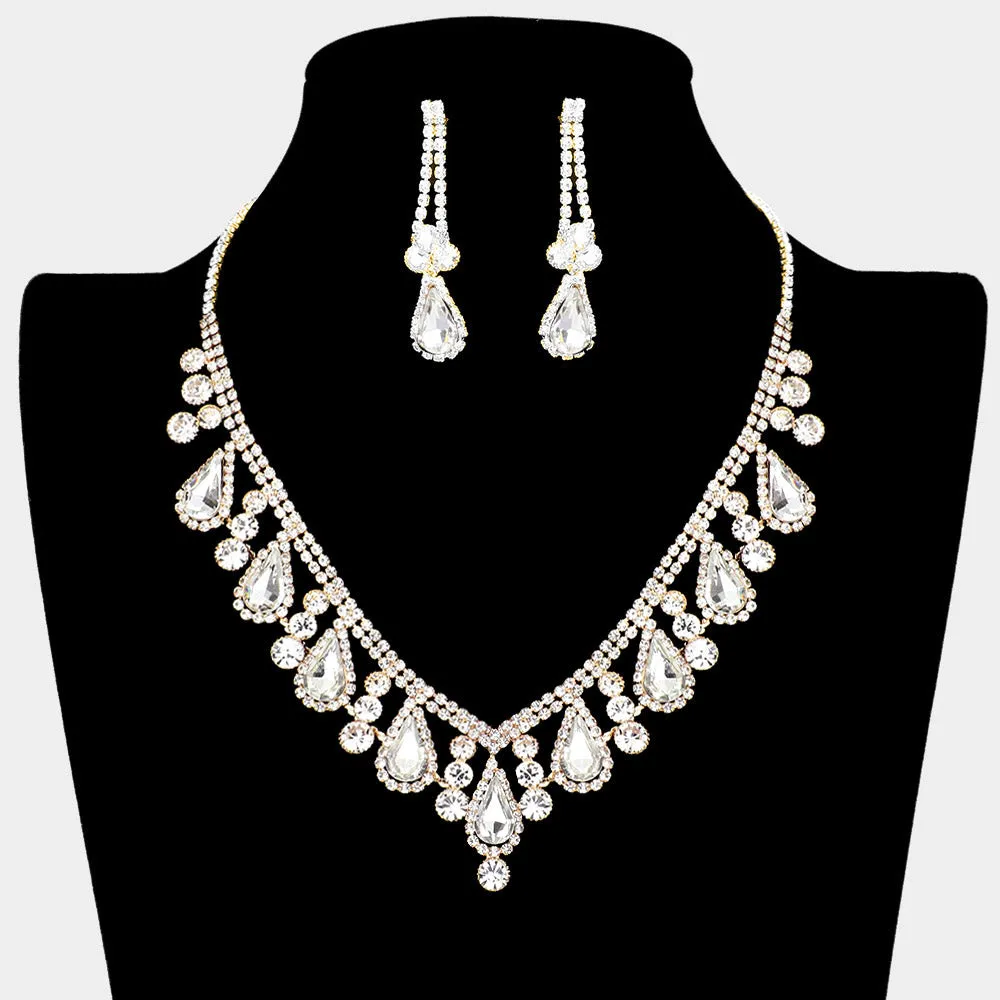 Clear Teardrop and Rhinestone Necklace with Clip On Earrings on Gold| Prom Jewelry |  615245