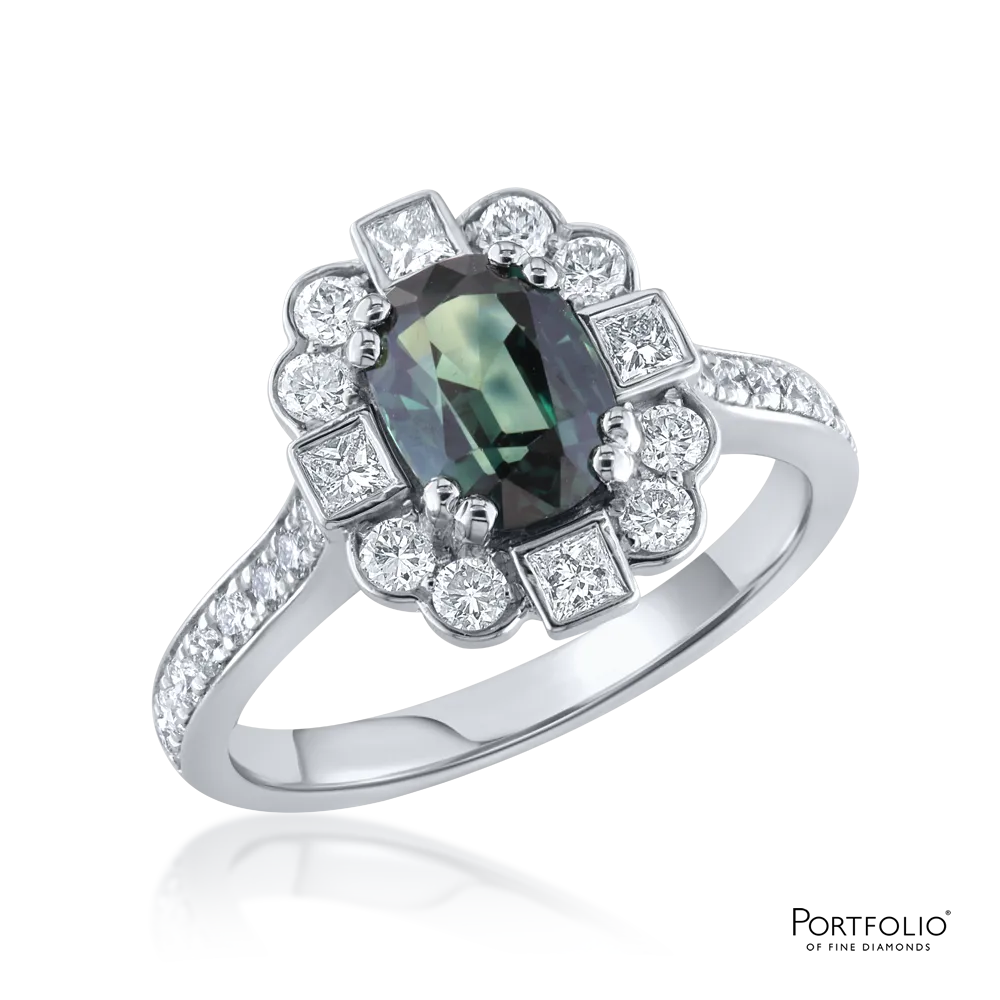 Cluster 1.76ct Green Sapphire Platinum Ring