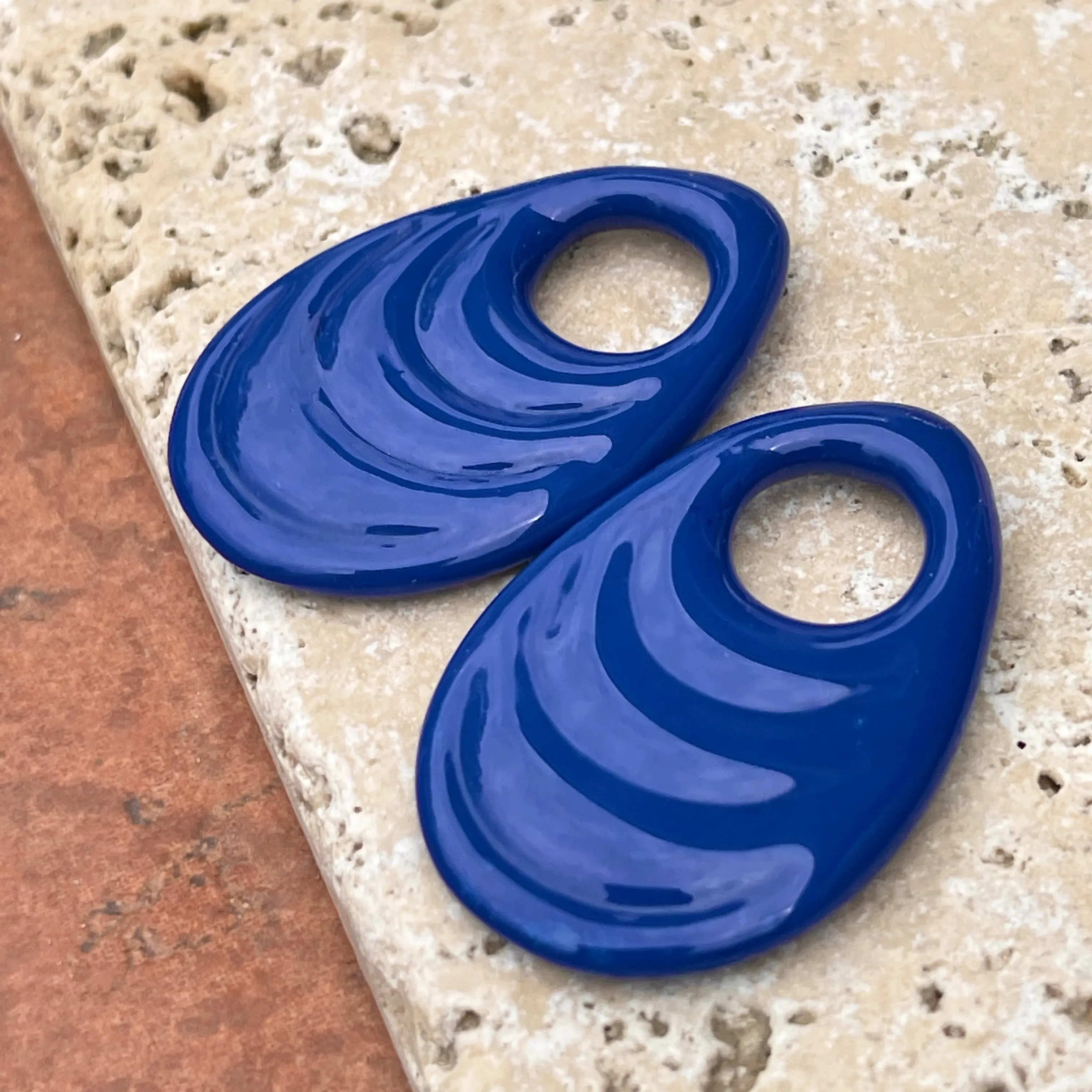 Cobalt Blue Glass Ribbed Large Teardrop Disc Earring Charms