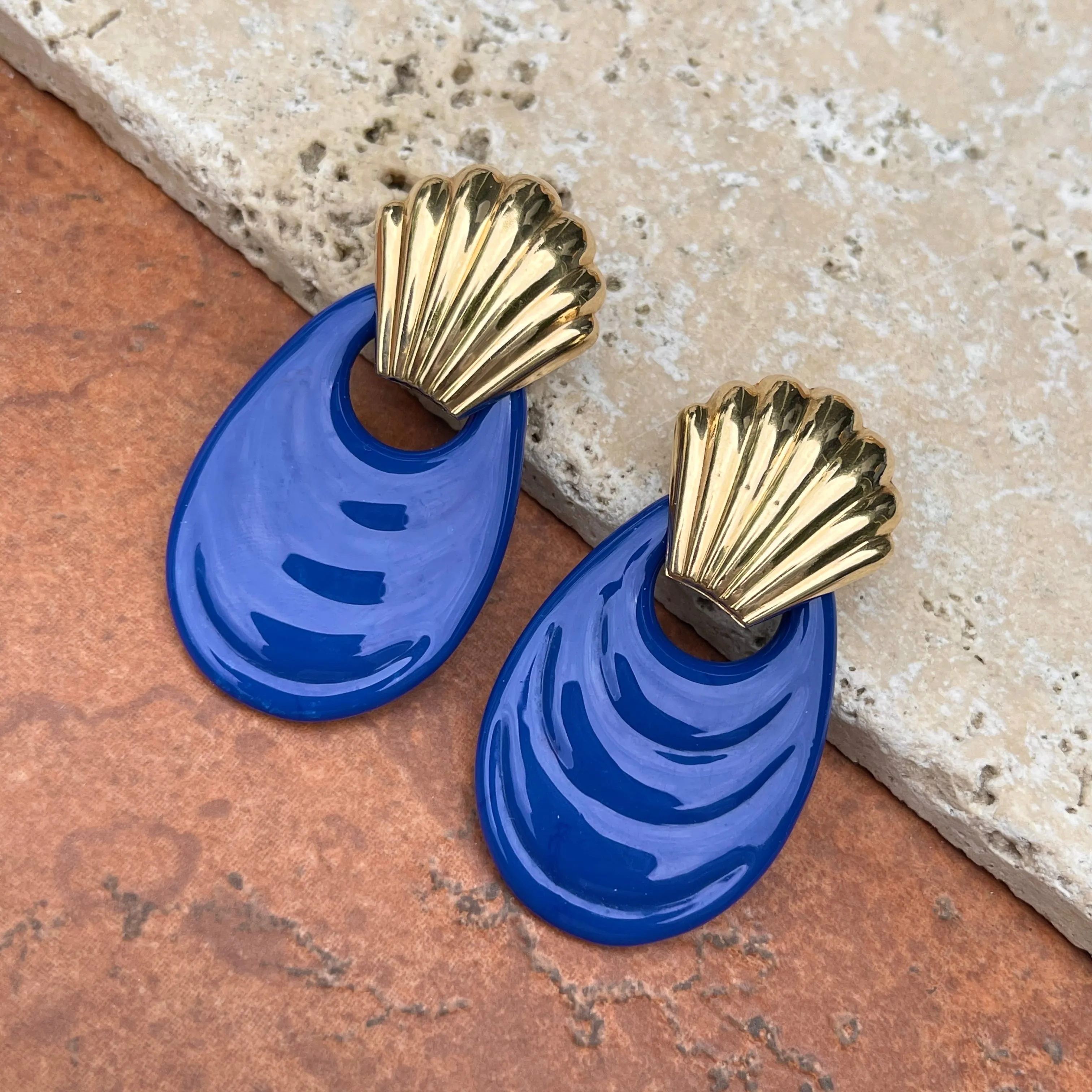 Cobalt Blue Glass Ribbed Large Teardrop Disc Earring Charms