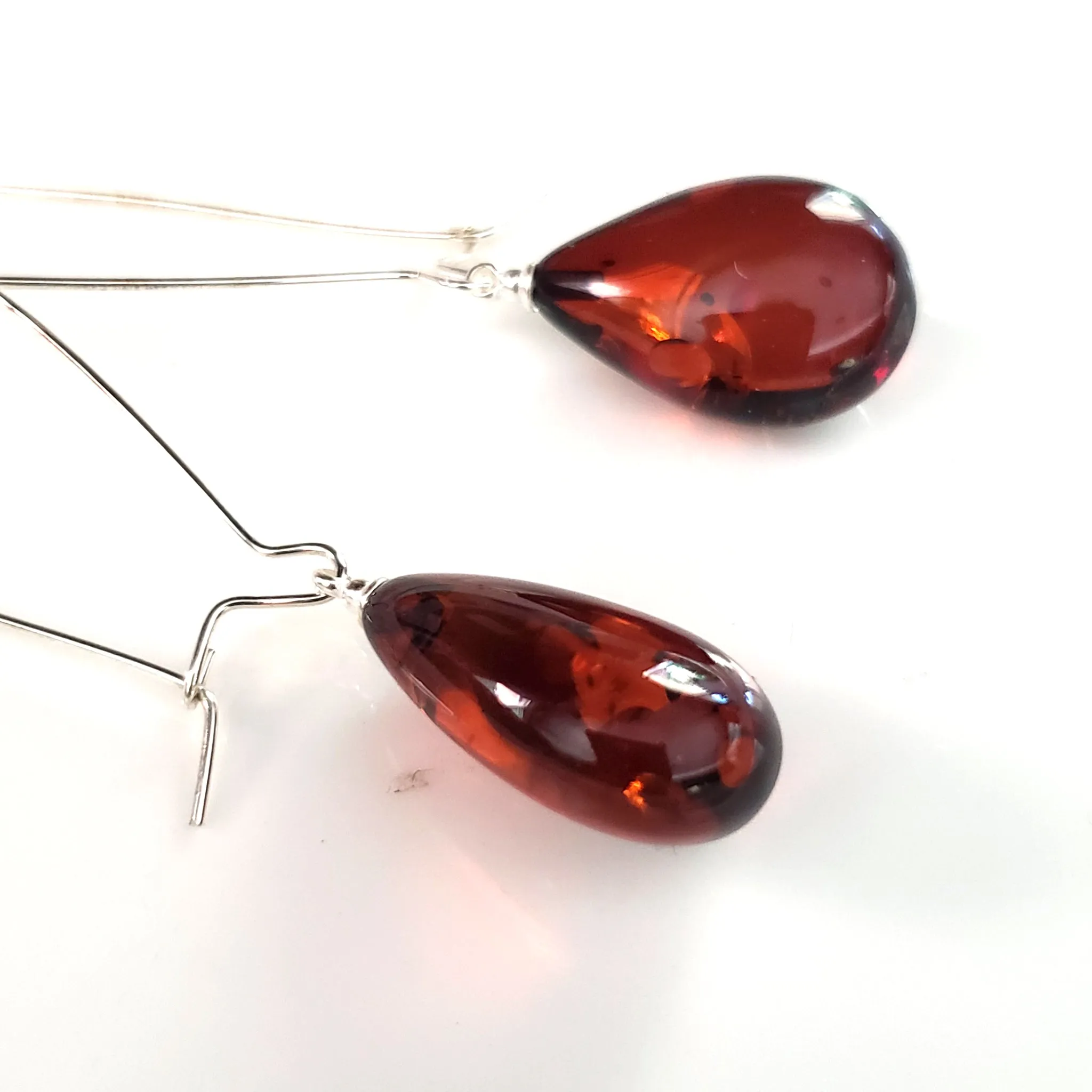 Cognac Amber TearDrop Long Silver Earrings