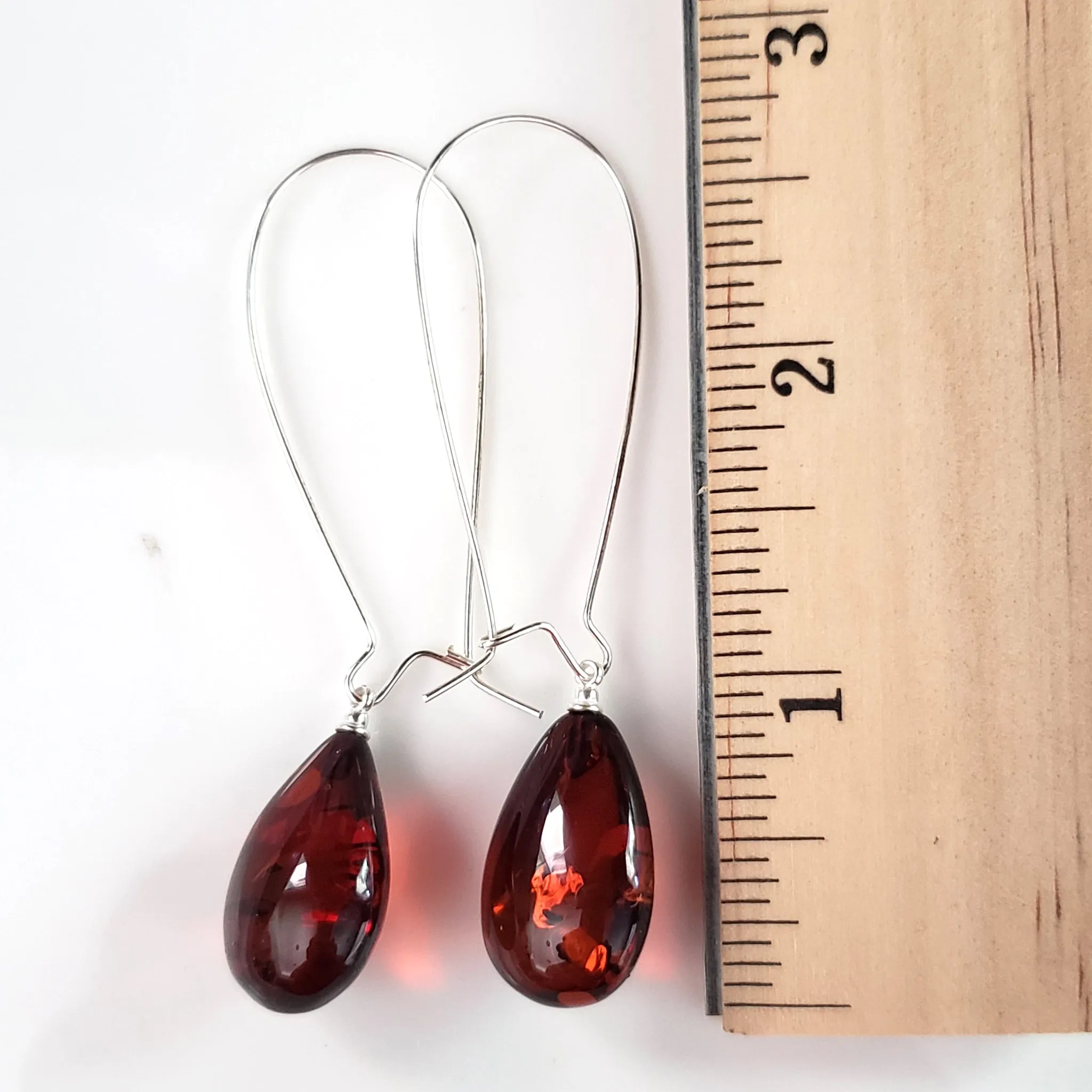 Cognac Amber TearDrop Long Silver Earrings