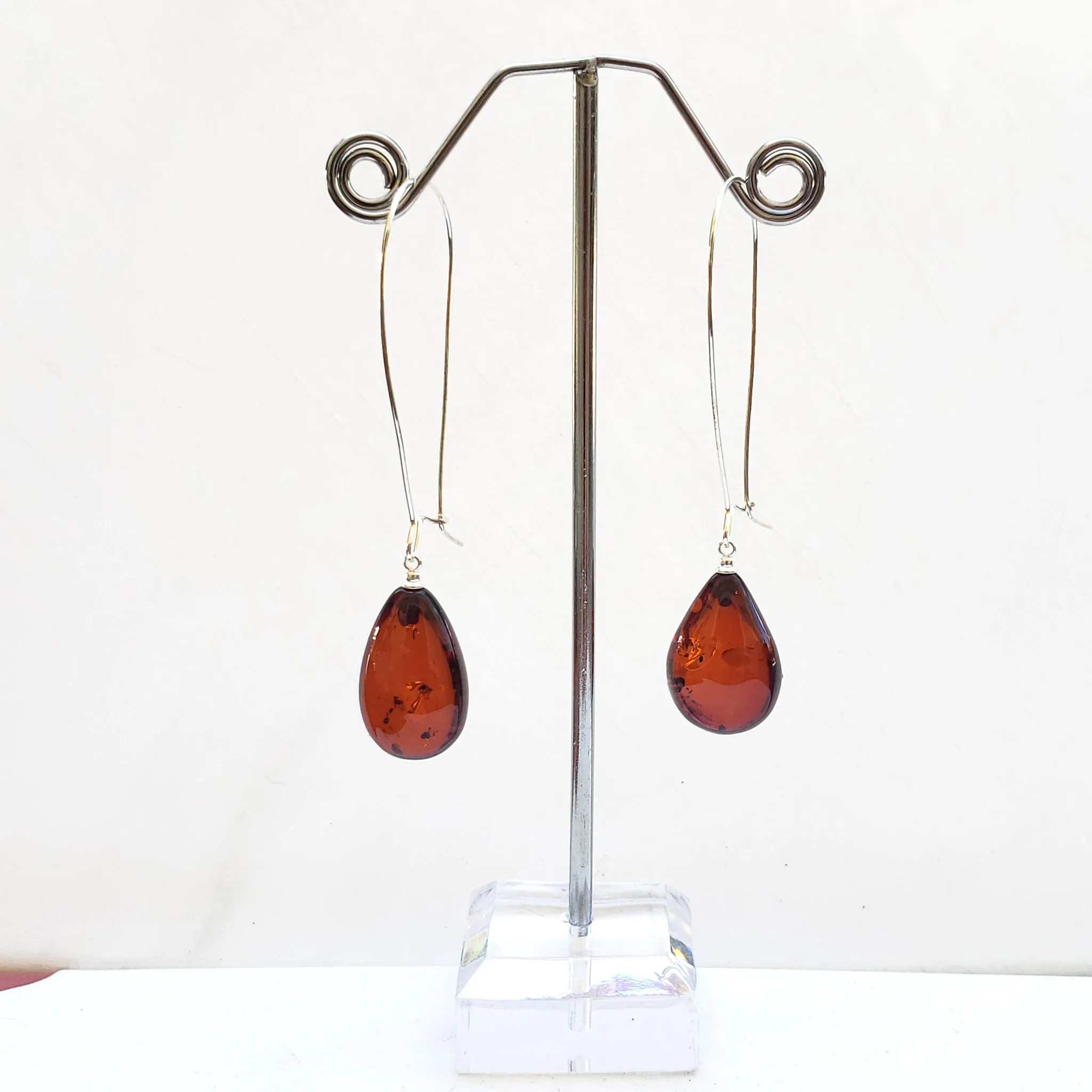 Cognac Amber TearDrop Long Silver Earrings