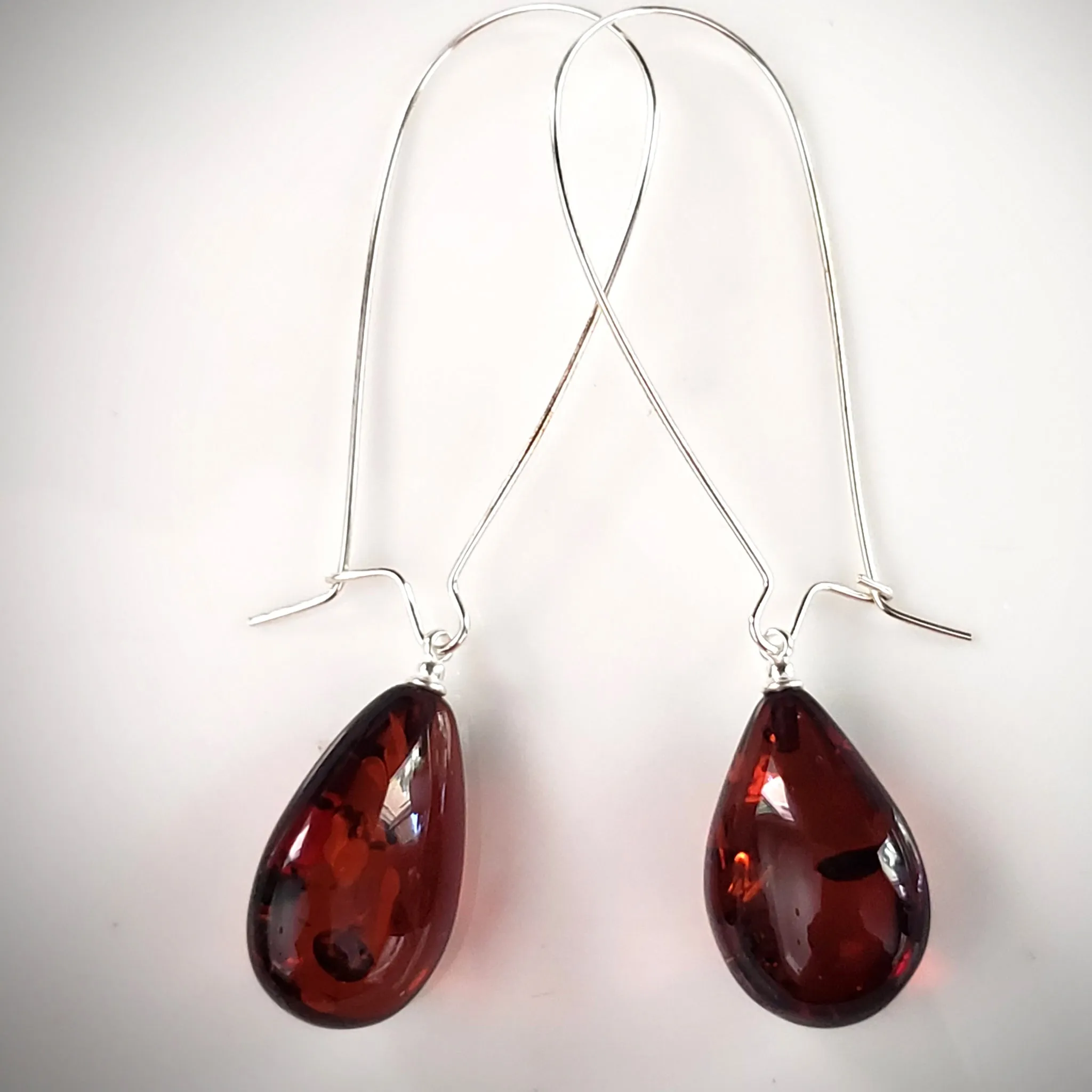 Cognac Amber TearDrop Long Silver Earrings