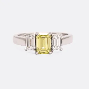 Contemporary Fancy Vivid Yellow Emerald Cut Diamond Trilogy Ring