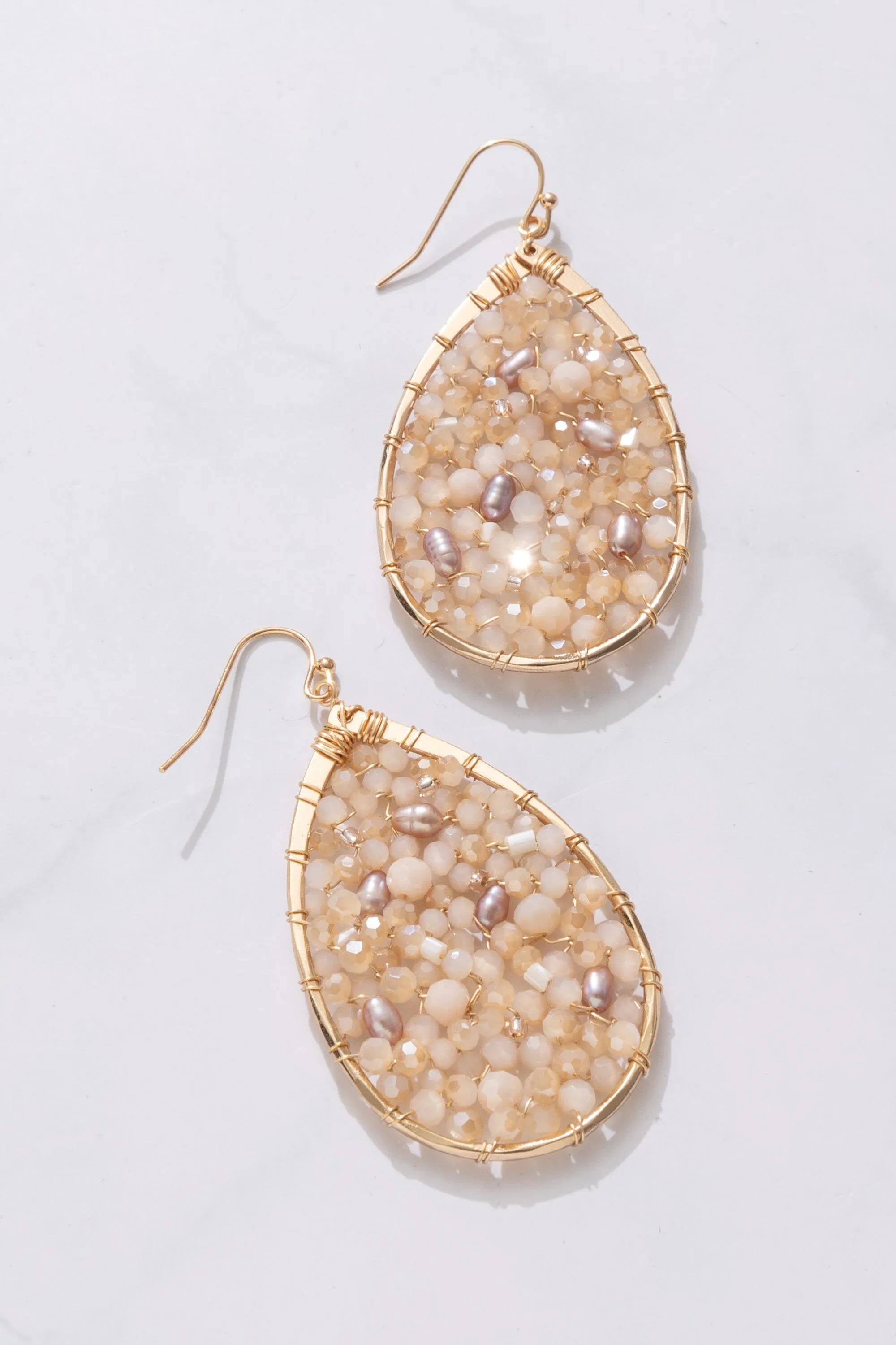Creme Beaded Teardrop Earrings