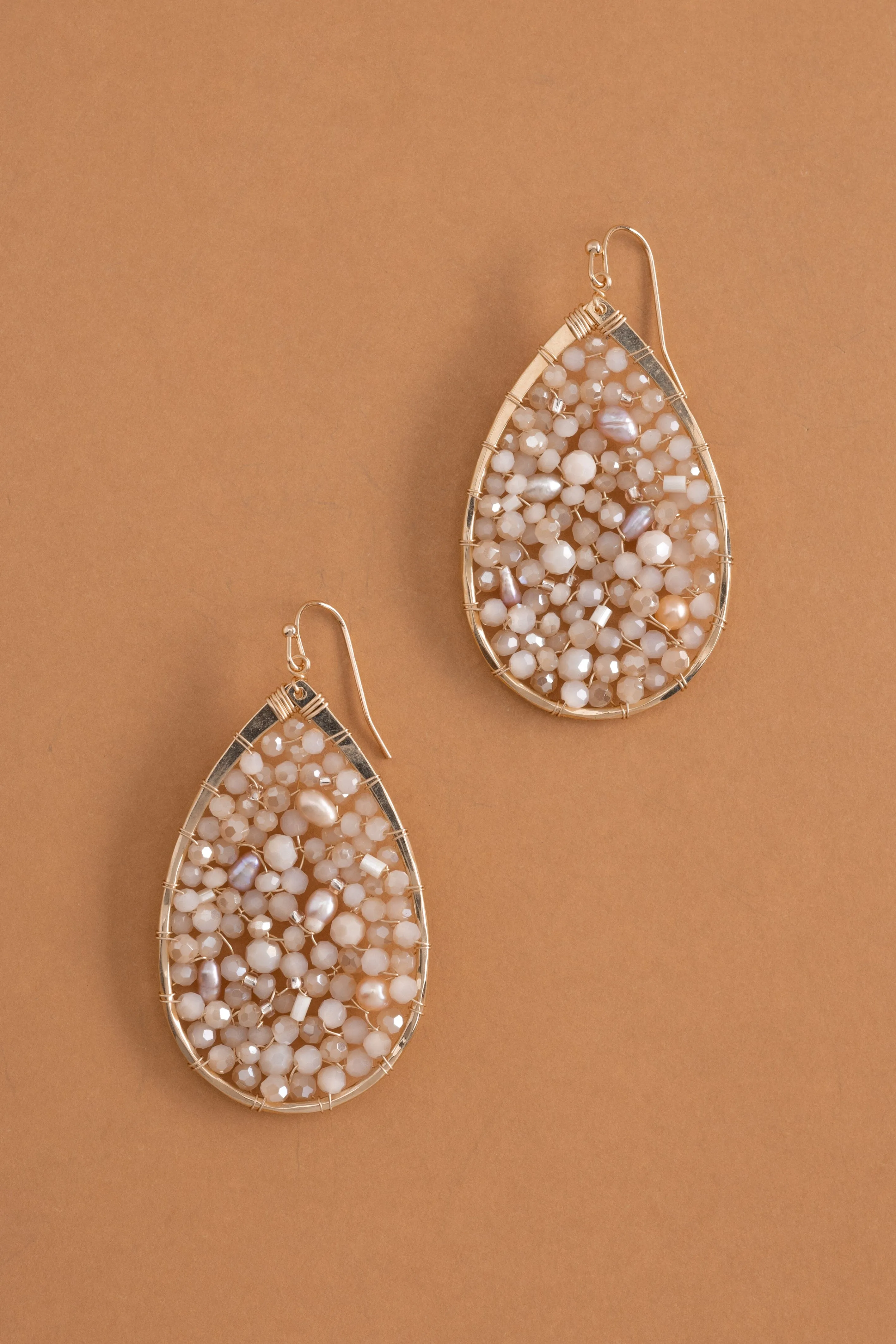 Creme Beaded Teardrop Earrings