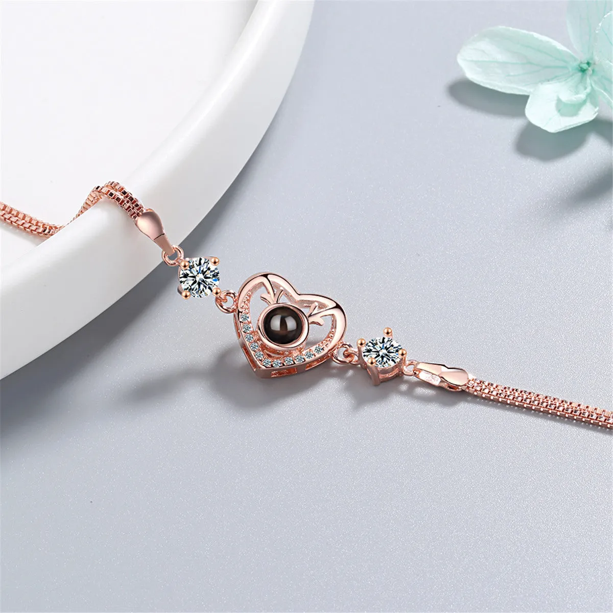 Cubic Zirconia & 18K Rose Gold-Plated Heart Charm Bracelet