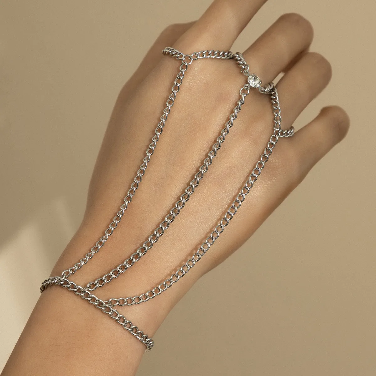 Cubic Zirconia & Silver-Plated Thin Tri-Ring Wrist-To-Ring Bracelet