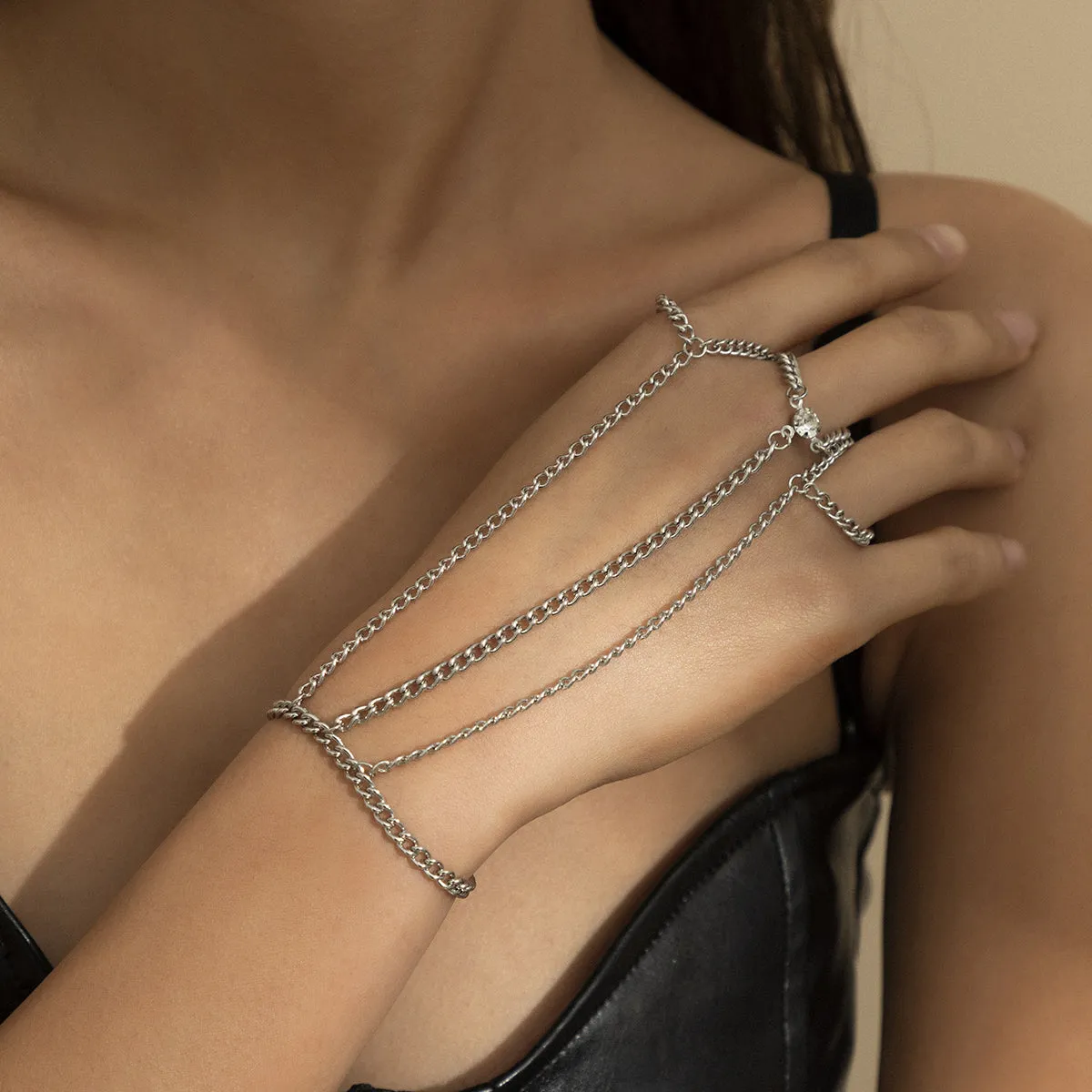 Cubic Zirconia & Silver-Plated Thin Tri-Ring Wrist-To-Ring Bracelet
