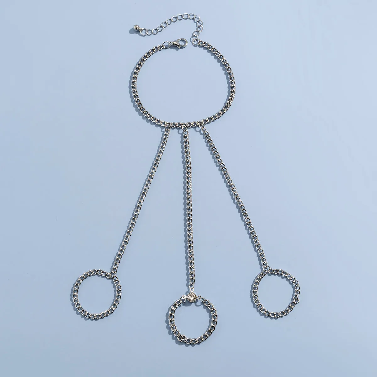Cubic Zirconia & Silver-Plated Thin Tri-Ring Wrist-To-Ring Bracelet