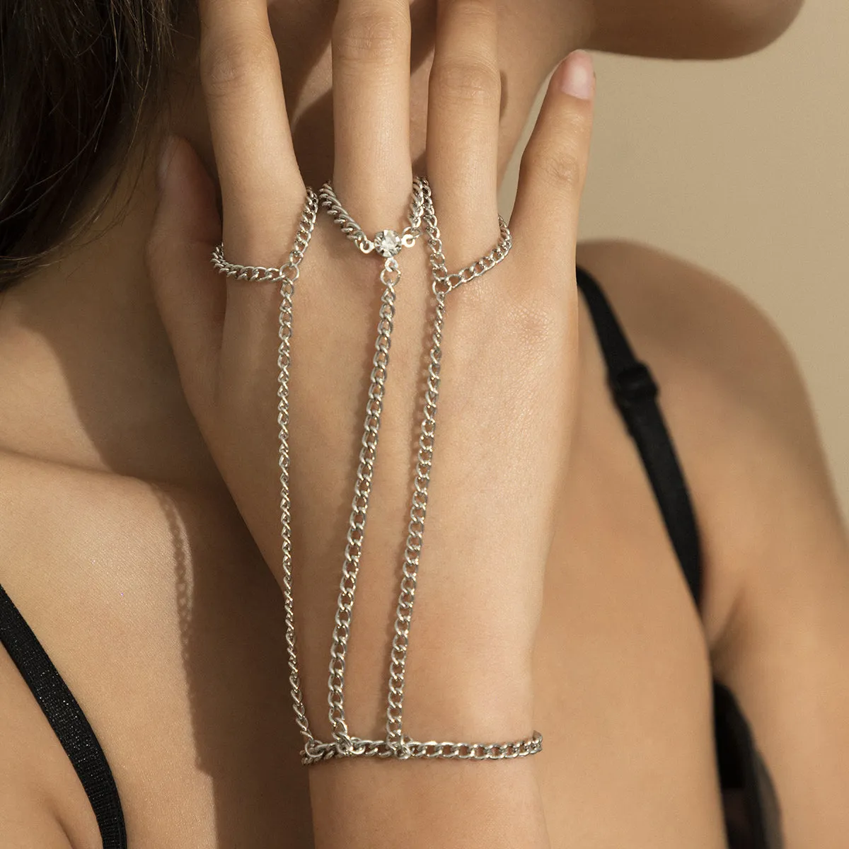 Cubic Zirconia & Silver-Plated Thin Tri-Ring Wrist-To-Ring Bracelet