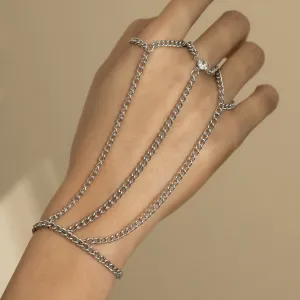 Cubic Zirconia & Silver-Plated Thin Tri-Ring Wrist-To-Ring Bracelet