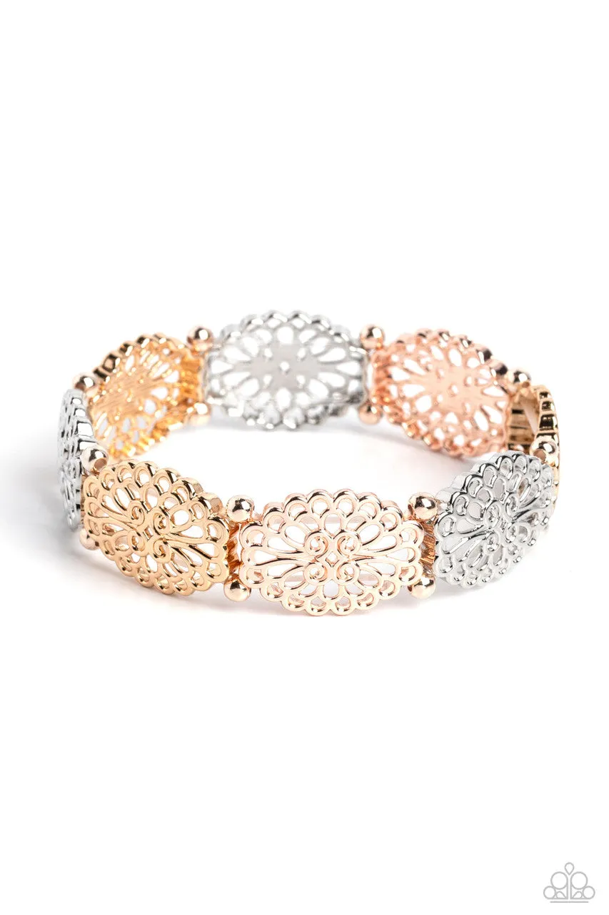 Curly Chic - Multi - Mixed Metal Filigree Oval Disc Paparazzi Stretchy Bracelet