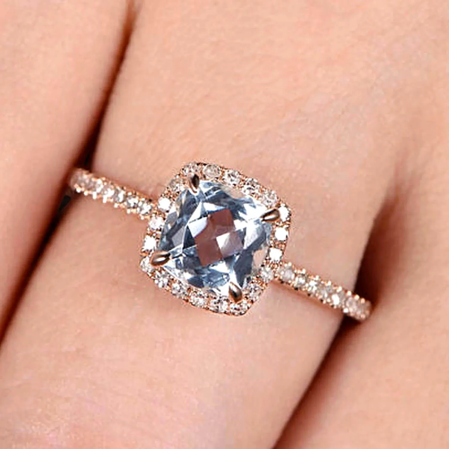Cushion Cut 10k Rose Gold 1.5 Carat Aquamarine Engagement Ring