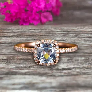Cushion Cut 10k Rose Gold 1.5 Carat Aquamarine Engagement Ring