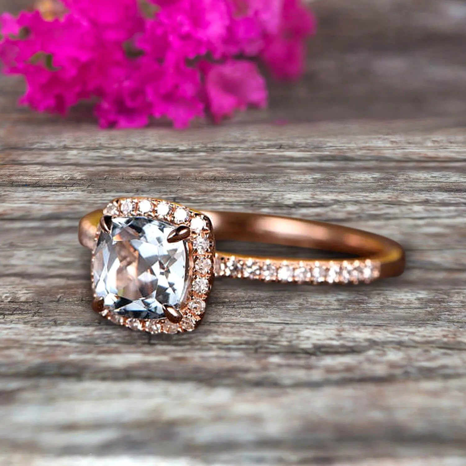 Cushion Cut 10k Rose Gold 1.5 Carat Aquamarine Engagement Ring