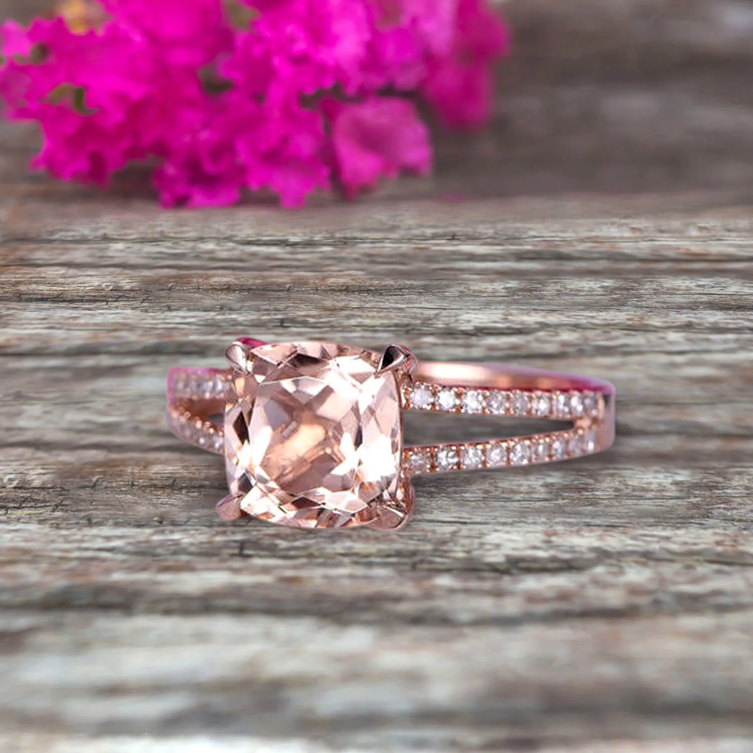 Cushion Cut 1.25 Carat Morganite Engagement Ring Promise Ring 10k Rose Gold Stacking Band Art Deco Anniversary Gift