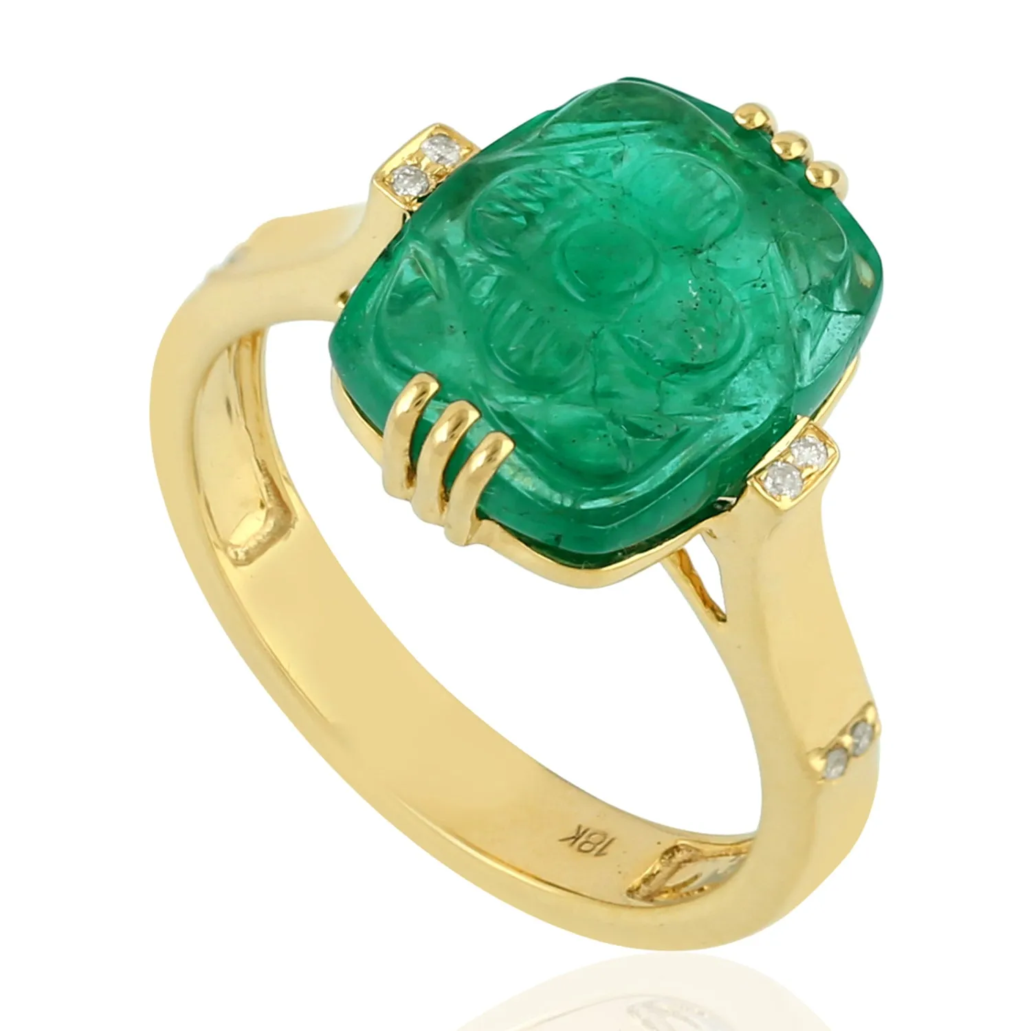 Cushion Cut Carved Emerald Prong Diamond Ring In Yellow Gold For Gifts
