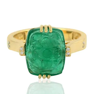 Cushion Cut Carved Emerald Prong Diamond Ring In Yellow Gold For Gifts