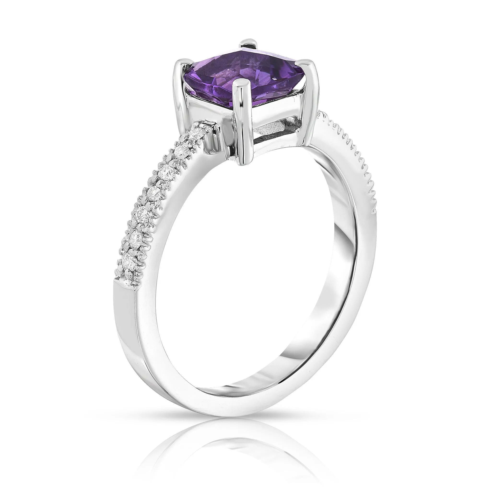 Cushion Cut Checkerboard Amethyst & 0.12Ct Diamond Ring in 14K White Gold