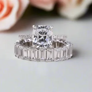 Cushion Cut Engagement Ring & Emerald Cut Wedding Ring Set