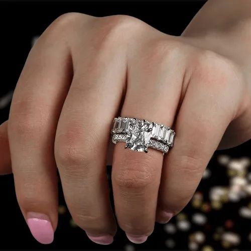 Cushion Cut Engagement Ring & Emerald Cut Wedding Ring Set