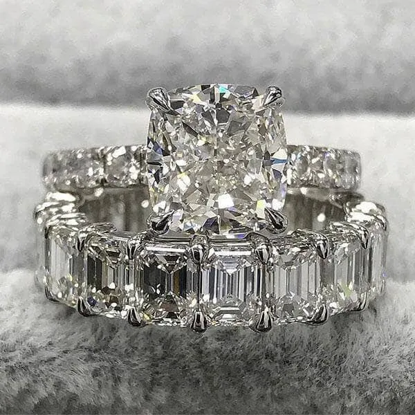 Cushion Cut Engagement Ring & Emerald Cut Wedding Ring Set
