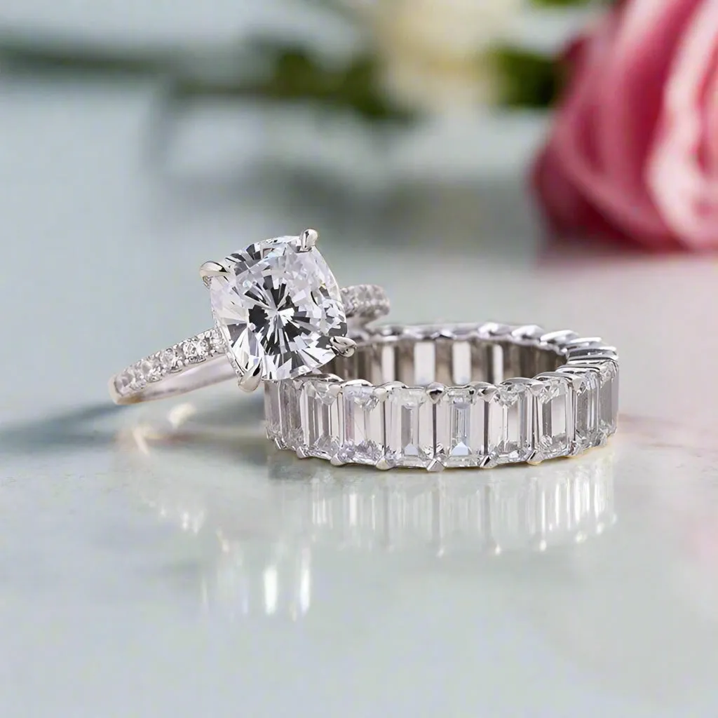 Cushion Cut Engagement Ring & Emerald Cut Wedding Ring Set