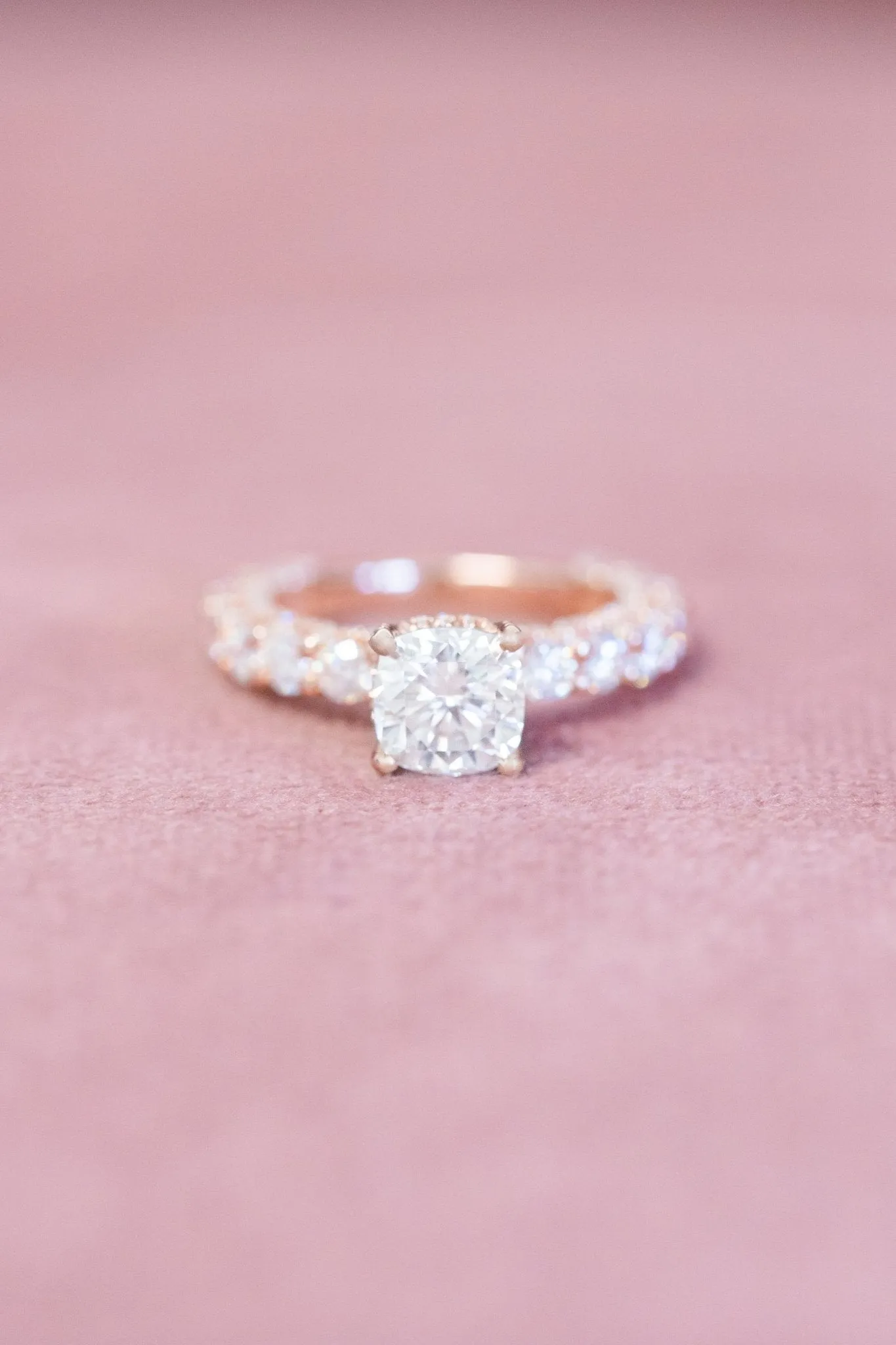 Cushion Cut Moissanite Pavé Set Hidden Halo Engagement Ring