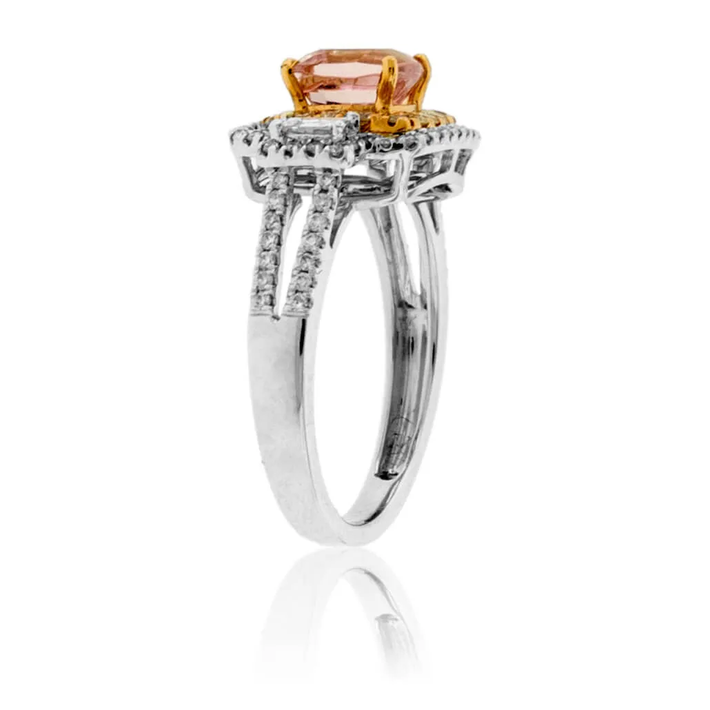 Cushion Cut Morganite & Diamond Double Halo Ring
