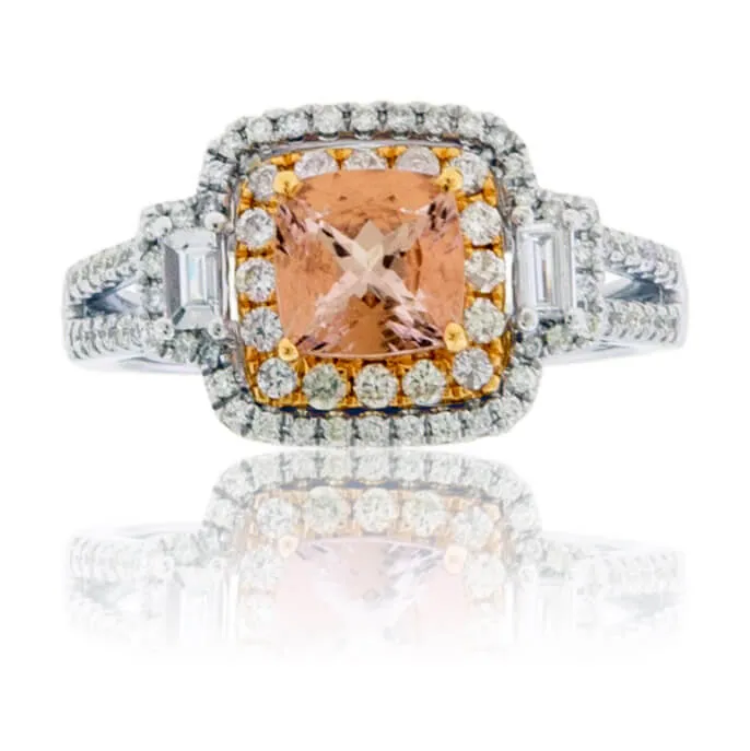 Cushion Cut Morganite & Diamond Double Halo Ring