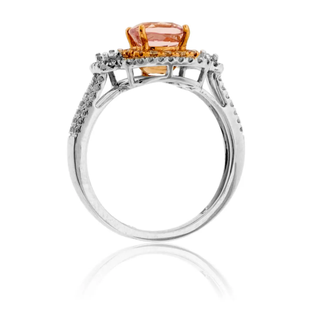 Cushion Cut Morganite & Diamond Double Halo Ring
