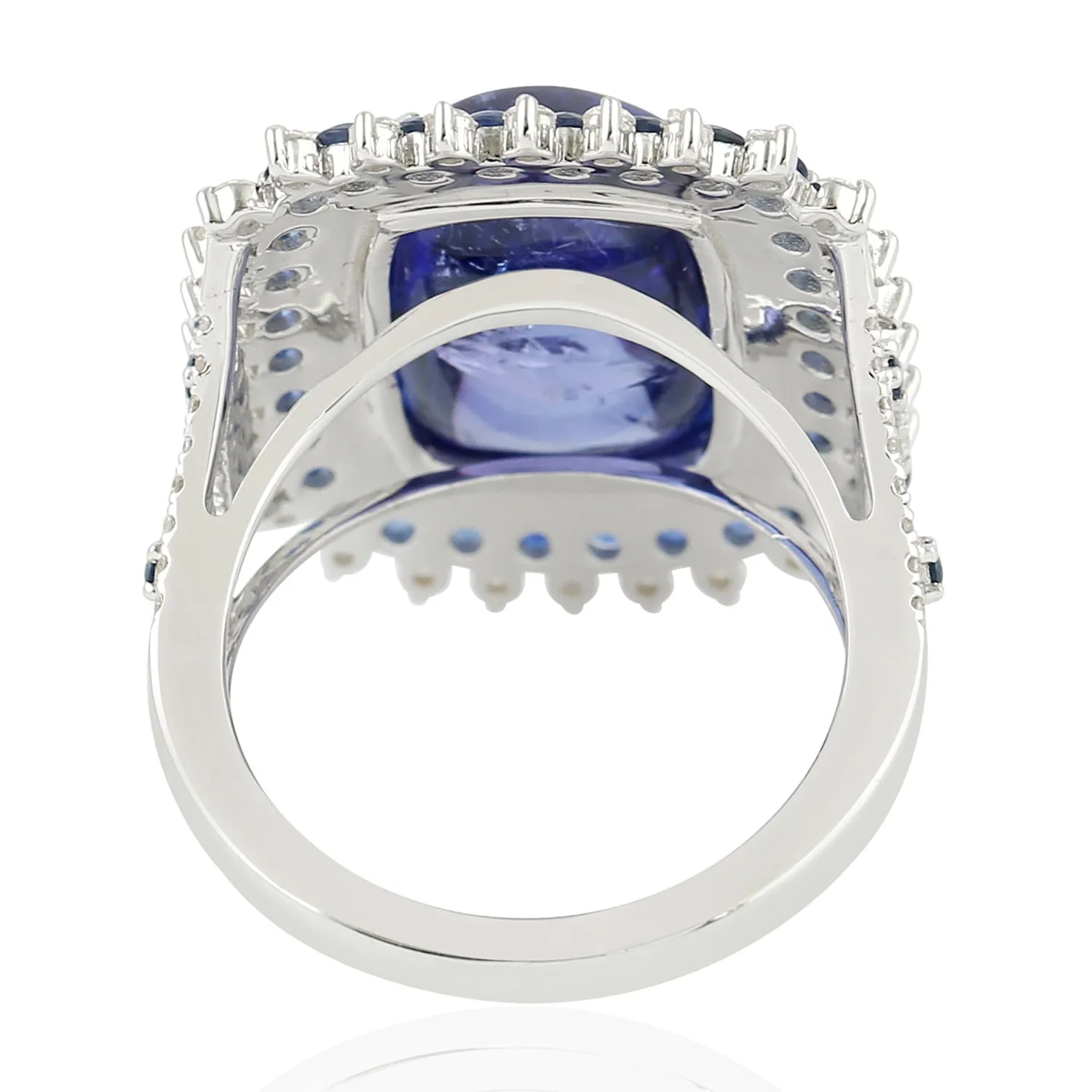 Cushion Cut Tanzanite Prong Set Blue Sapphire Pave Diamond Cocktail Ring In White Gold