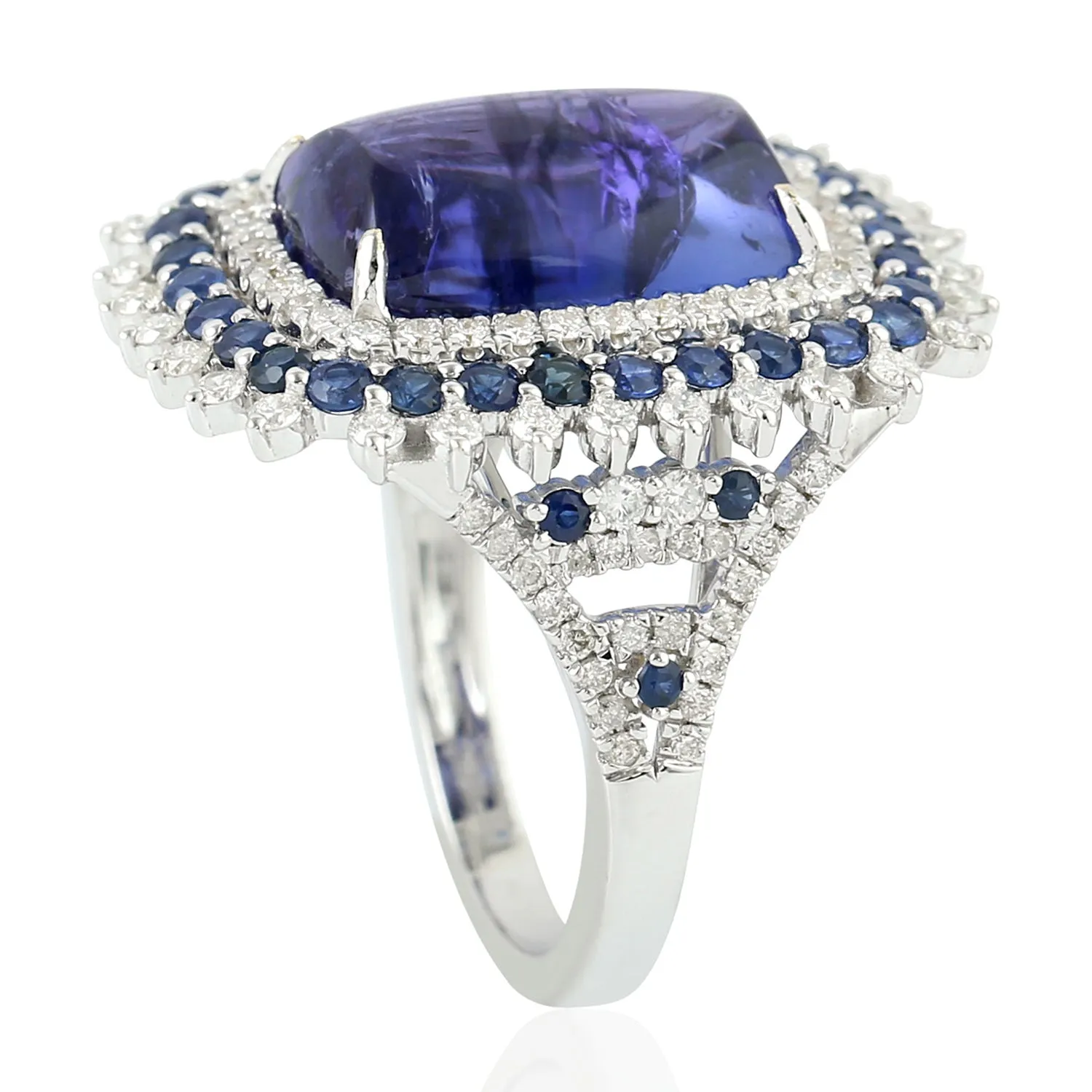 Cushion Cut Tanzanite Prong Set Blue Sapphire Pave Diamond Cocktail Ring In White Gold
