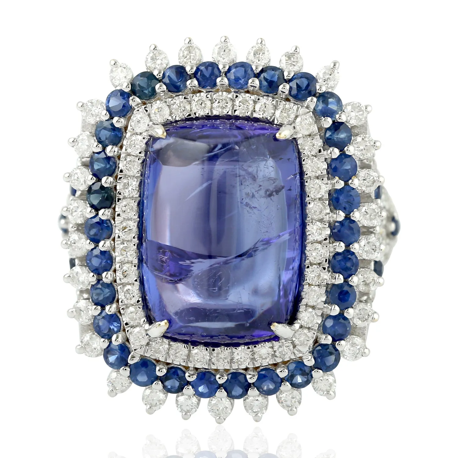 Cushion Cut Tanzanite Prong Set Blue Sapphire Pave Diamond Cocktail Ring In White Gold