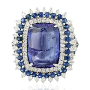 Cushion Cut Tanzanite Prong Set Blue Sapphire Pave Diamond Cocktail Ring In White Gold