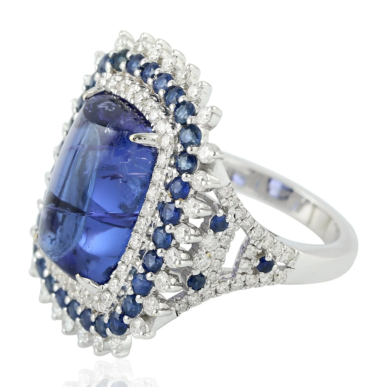 Cushion Cut Tanzanite Prong Set Blue Sapphire Pave Diamond Cocktail Ring In White Gold